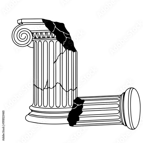 Broken Ionic Column. Classical Greek ruined pillar line art isolated. Ancient Roman architecture destroyed building vector illustration for historic ruin design