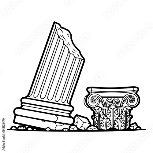 Broken Corinthian Column. Classical ruined fluted pillar with fallen acanthus capital isolated. Ancient Greek and Roman architecture vector line art illustration