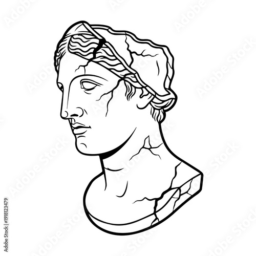 Cracked Goddess Bust. Damaged classical female statue portrait with deep fractures isolated. Ancient Greek mythology ruined Roman sculpture vector line art design