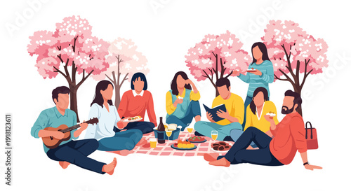 Spring picnic vector illustration with friends relaxing in park under blooming trees. Seasonal outdoor lifestyle concept for travel, leisure, and holiday marketing visuals