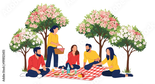 Spring picnic vector illustration with friends relaxing in park under blooming trees. Seasonal outdoor lifestyle concept for travel, leisure, and holiday marketing visuals