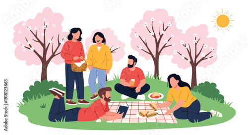 Spring picnic vector illustration with friends relaxing in park under blooming trees. Seasonal outdoor lifestyle concept for travel, leisure, and holiday marketing visuals