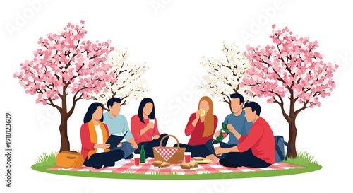 Spring picnic vector illustration with friends relaxing in park under blooming trees. Seasonal outdoor lifestyle concept for travel, leisure, and holiday marketing visuals