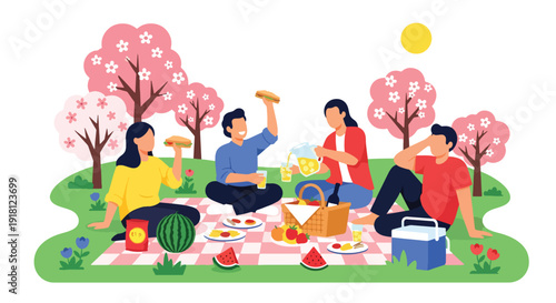 Spring picnic vector illustration with friends relaxing in park under blooming trees. Seasonal outdoor lifestyle concept for travel, leisure, and holiday marketing visuals