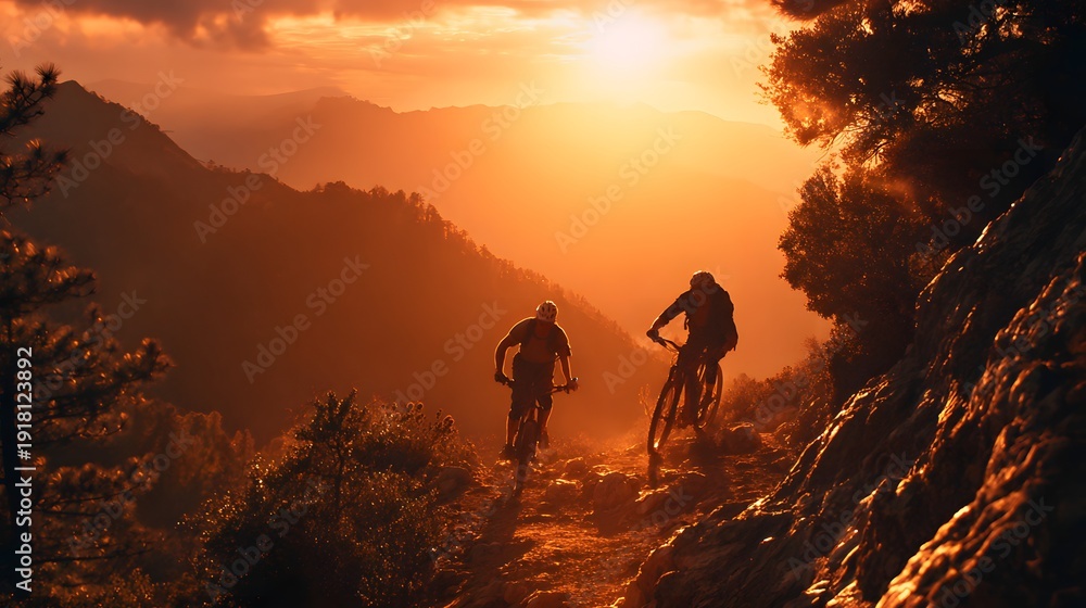 Fototapeta premium Two mountain bikers silhouetted against a vibrant orange sunset in a mountainous landscape.