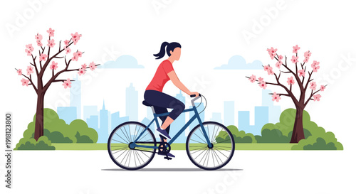 Spring cycling vector illustration with woman riding bicycle in blooming park. Outdoor fitness and healthy lifestyle seasonal concept for sports and wellness marketing