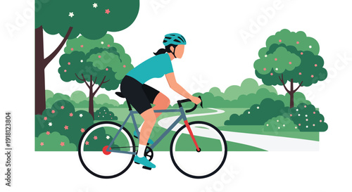 Spring cycling vector illustration with woman riding bicycle in blooming park. Outdoor fitness and healthy lifestyle seasonal concept for sports and wellness marketing