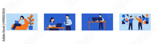 Flat Vector Remote Work and Collaborative Workspace Illustration Set for Modern Business Productivity
