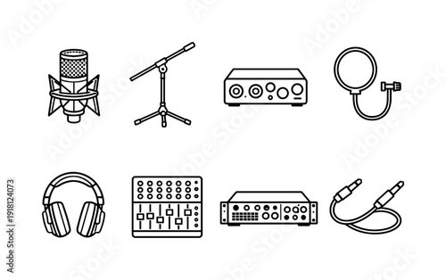 Professional sound recording gear: studio microphone, microphone stand, audio interface, pop filter, studio headphones, mixing console, rack unit