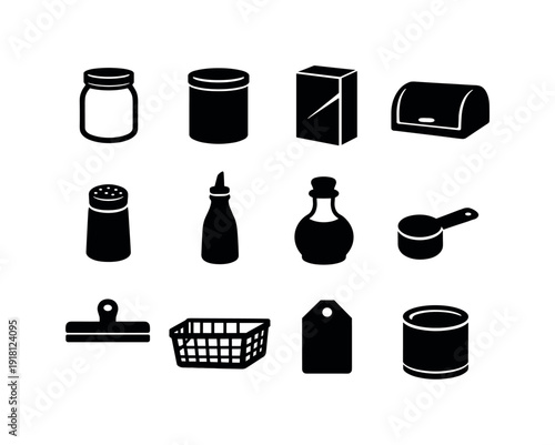 Home pantry essentials: glass jar, storage canister, cereal box, bread bin, spice shaker, oil bottle, vinegar bottle, measuring scoop, clip seal