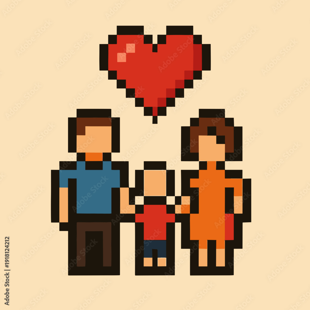 Fototapeta premium Pixel art family with love heart in retro style