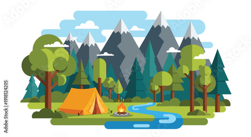 Spring camping vector illustration with tent in forest and mountain landscape. Outdoor adventure and travel season concept ideal for tourism and lifestyle marketing