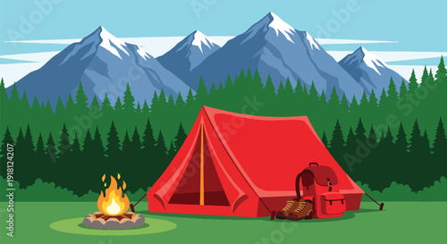 Spring camping vector illustration with tent in forest and mountain landscape. Outdoor adventure and travel season concept ideal for tourism and lifestyle marketing