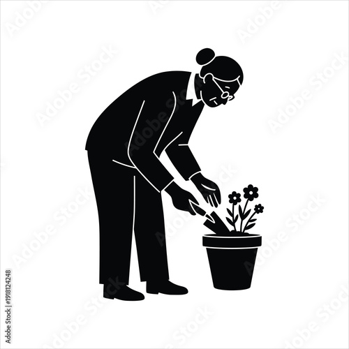Elderly woman in a suit gardening, planting flowers in a pot with a small shovel, black and white illustration