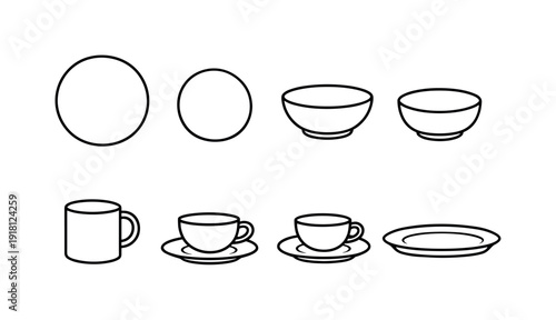 Home kitchen dishware: dinner plate, salad plate, soup bowl, cereal bowl, coffee mug, teacup, saucer, serving platter