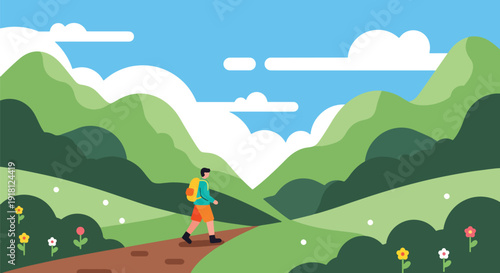 Spring hiking vector illustration with person exploring mountain trail and nature landscape. Outdoor fitness and travel lifestyle concept for seasonal marketing