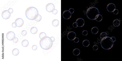 Transparent soap bubbles floating on black and white background. Light glossy spheres with soft reflections. Soap, bubble, transparent, color, air — realistic PNG bubble with glossy finish