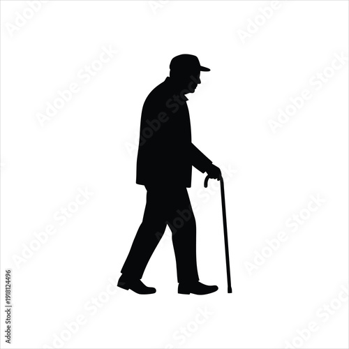 Silhouette of an elderly man with a cane walking, wearing a cap, black and white vector