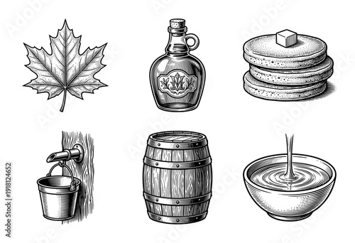 Vintage woodcut style collection of maple syrup production icons including leaf tapping bucket barrel bottle and pancakes