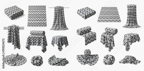 Set of realistic vector illustrations of towels and blankets with a chevron pattern, presented in various folded, rolled, and draped forms.