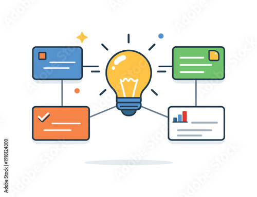 Personal knowledge management and second-brain systems for information workers, a structured grid of note cards linked to a lightbulb icon