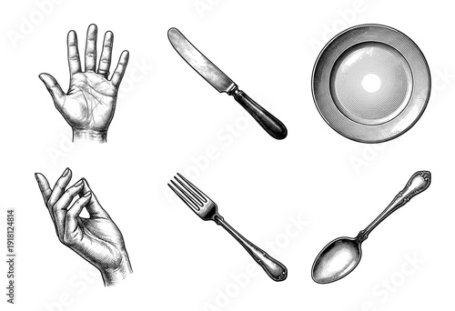 Vintage engraving style collection of human hands and silverware cutlery including fork knife spoon and plate