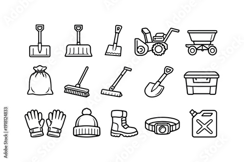 Outdoor snow removal tools: snow shovel, snow pusher, ice scraper, snow blower, salt spreader, salt bag, snow broom, roof rake, hand shovel, storage