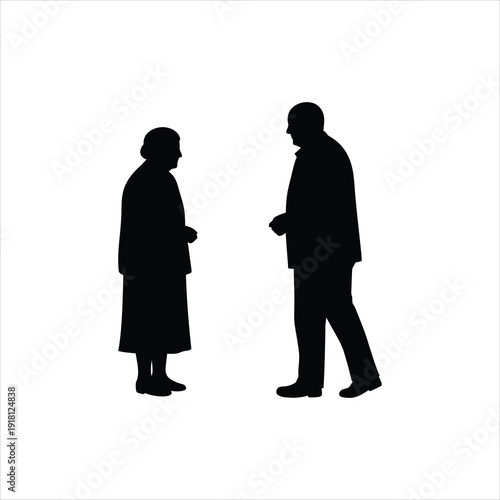 Silhouette of an elderly couple standing and talking, symbolizing conversation and companionship in later life. Isolated on white.