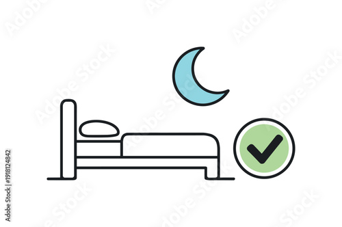 Healthy sleep routine and recovery in everyday lifestyle focused on energy and balance, a bed paired with a crescent moon and a checkmark symbolizing
