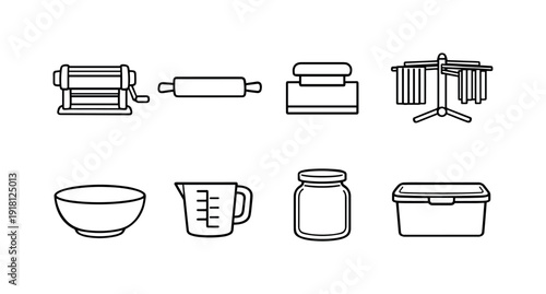 Home pasta making tools: pasta machine, rolling pin, dough cutter, drying rack, mixing bowl, measuring cup, flour jar, storage container