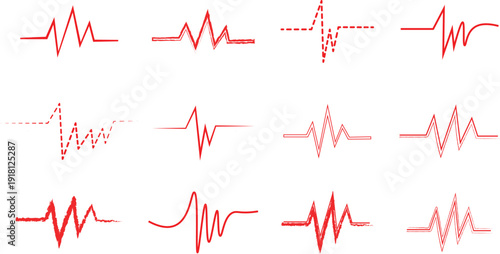 Abstract Red Pulse and Audio Waveforms Set