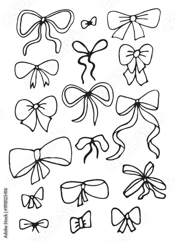 set of black and white hand-drawn bows. Vector illustration.