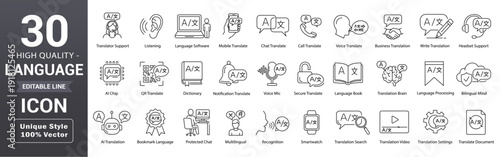 Language line icon set. Editable outline translation, linguistics, speaking, dictionary, listening skills, writing, voice, translate and more collection. Vector illustration.