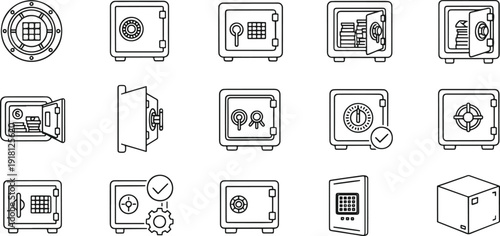 Secure Bank Vault Icon Set – Vector Safe Box and Money Protection Outlines