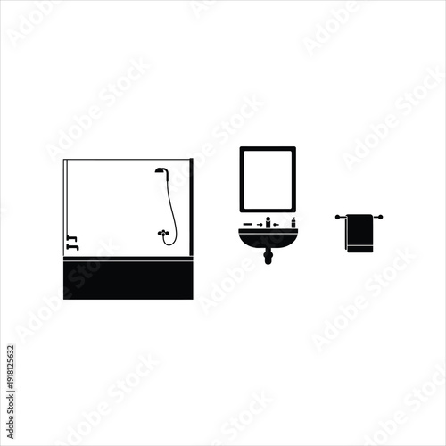 Black silhouette of a bathroom with a bathtub, shower, sink, mirror, and towel rack. Clean and modern bathroom fixtures illustration.