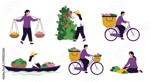 Vietnamese floating market vector set with traditional farmers in boats and street vendors with fruit baskets