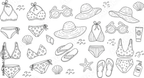 Comprehensive collection of summer beach fashion vector elements featuring bikinis sun hats sunglasses flip flops and sea shells in black and white line art style for vacation stickers and coloring