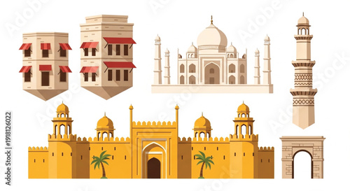 Islamic and Mughal architecture vector icons set with Taj Mahal fort and traditional buildings for travel design