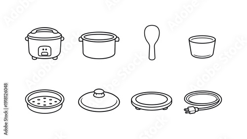 Kitchen rice preparation tools: rice cooker, inner pot, rice scoop, measuring cup, steam tray, lid, warming plate, power cord