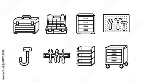 Home tool storage items: tool chest, plastic organizer, storage drawer, wall pegboard, tool hook, magnetic rail, parts bin, rolling cabinet