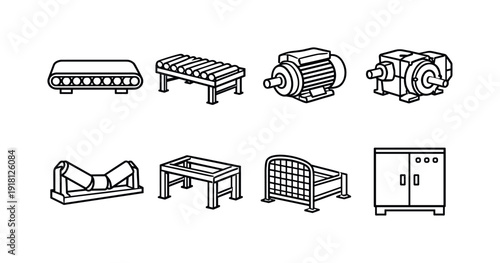 Industrial conveyor automation line: belt conveyor, roller conveyor, drive motor, gearbox, idler roller, support frame, safety guard, control cabinet