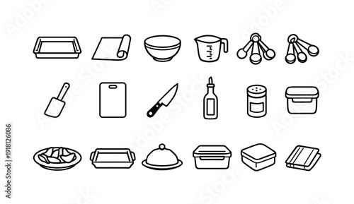 Home roasted sweet potato wedges tools icons: baking tray, parchment paper, mixing bowl, measuring cup, measuring spoon, spatula, cutting board, chef