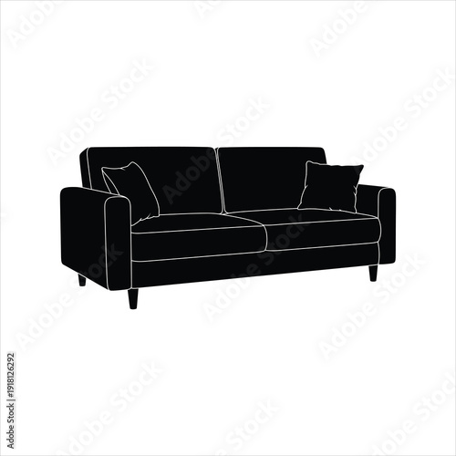 Clean black silhouette of a plush sofa with accent pillows, showcasing modern furniture design for a comfortable living space. Isolated vector illustration.