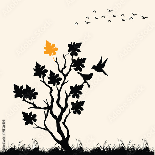 Peaceful nature scene with birds perching on a tree branch and a flock in the sky 