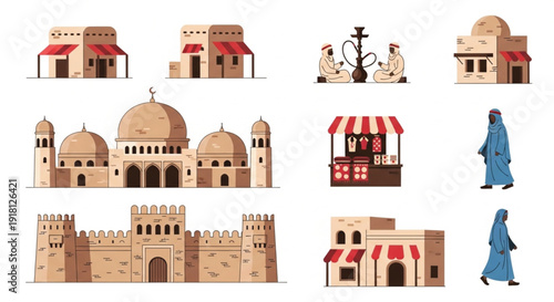 Traditional Haveli buildings vector collection with old city street architecture and house elements for historical themes