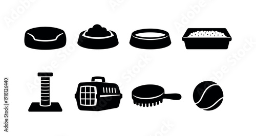 Home pet care essentials: pet bed, food bowl, water bowl, litter box, scratching post, pet carrier, grooming brush, toy ball