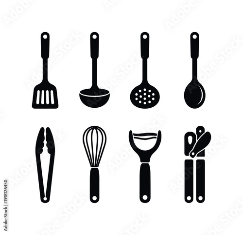 Kitchen cooking utensils: spatula, ladle, slotted spoon, cooking spoon, tongs, whisk, peeler, can opener