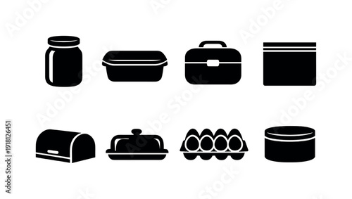 Kitchen food storage basics: glass jar, plastic container, lunch box, freezer bag, bread box, butter dish, egg holder, storage tin