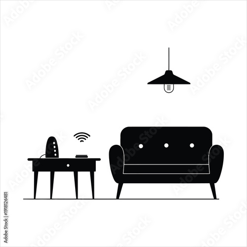 Minimalist black silhouette of a modern living room setup with a sofa, side table, smart speaker, and pendant light. Concept of smart home technology.