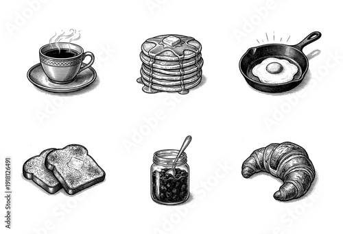 Vintage woodcut style breakfast food collection featuring coffee, pancakes, fried egg in skillet, buttered toast, jam jar, and croissant.